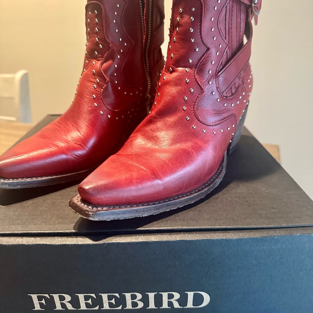 freebird Red Studded Leather Western Ankle Boots